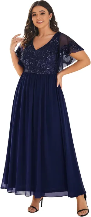 Ever-Pretty Plus Women's Sequin Chiffon Plus Size Short Sleeves Appliques Maxi Formal Mother of The Bride Dresses 01583-DA