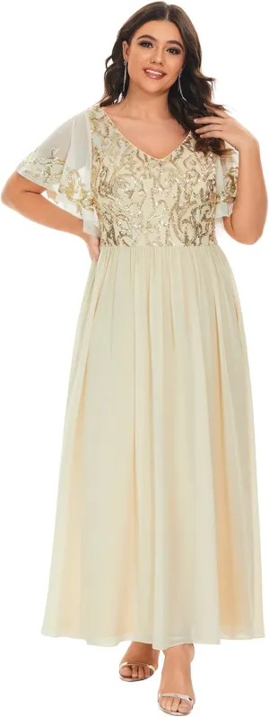Ever-Pretty Plus Women's Sequin Chiffon Plus Size Short Sleeves Appliques Maxi Formal Mother of The Bride Dresses 01583-DA