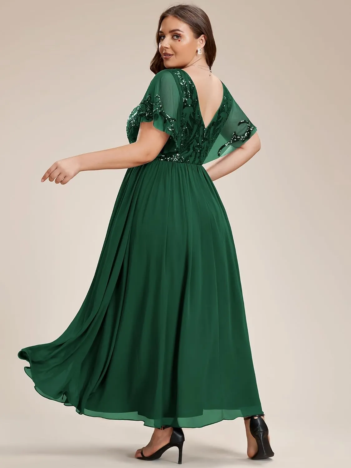 Ever-Pretty Plus Women's Sequin Chiffon Plus Size Short Sleeves Appliques Maxi Formal Mother of The Bride Dresses 01583-DA