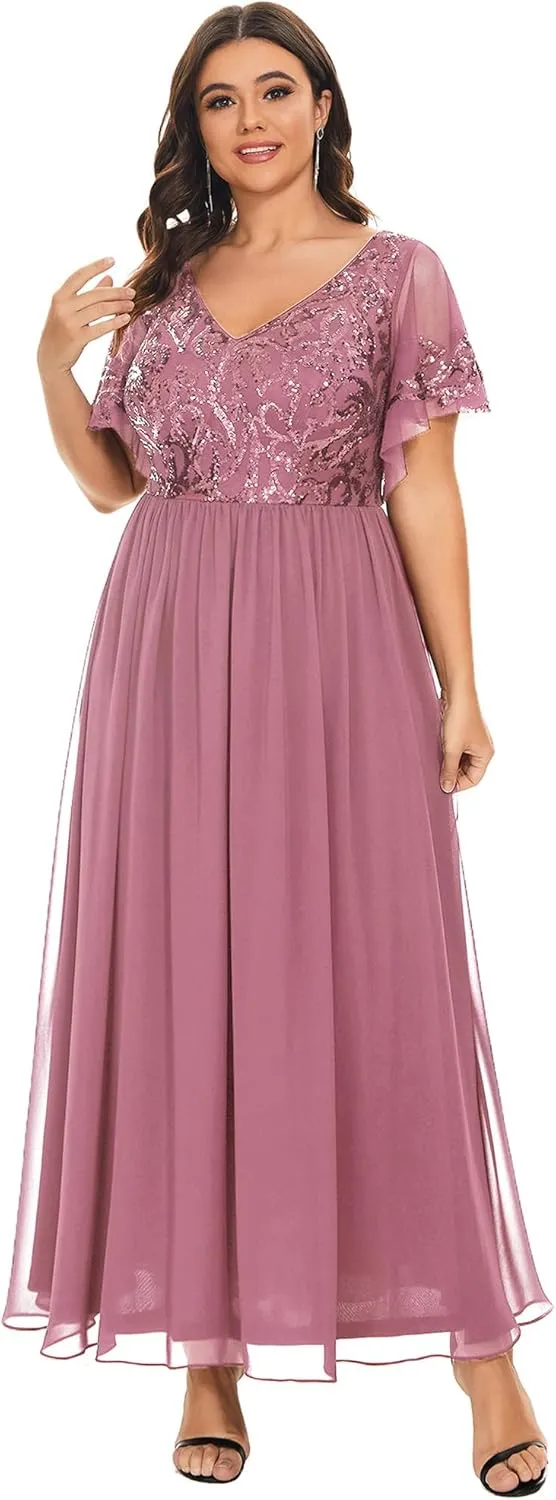 Ever-Pretty Plus Women's Sequin Chiffon Plus Size Short Sleeves Appliques Maxi Formal Mother of The Bride Dresses 01583-DA