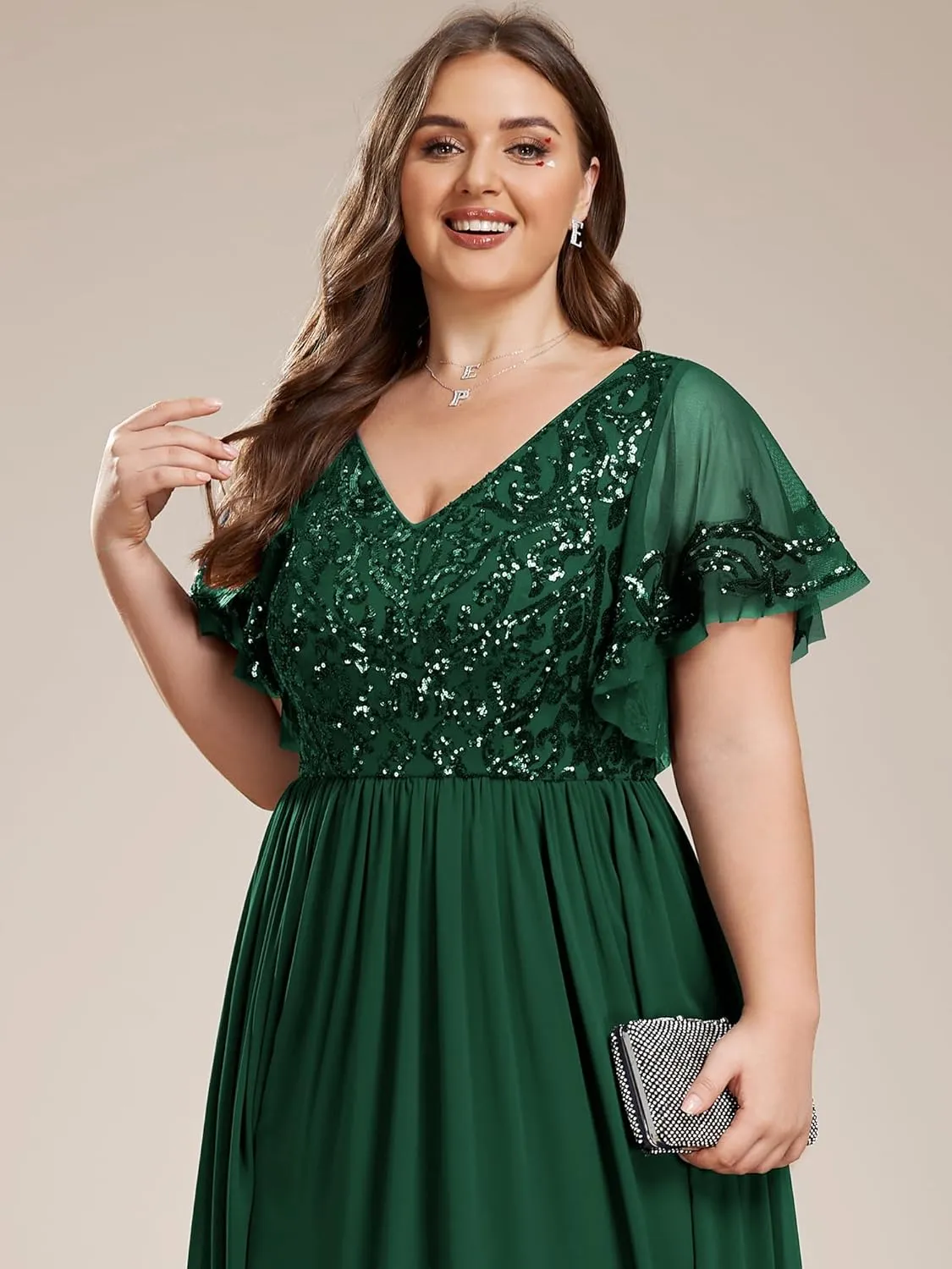 Ever-Pretty Plus Women's Sequin Chiffon Plus Size Short Sleeves Appliques Maxi Formal Mother of The Bride Dresses 01583-DA