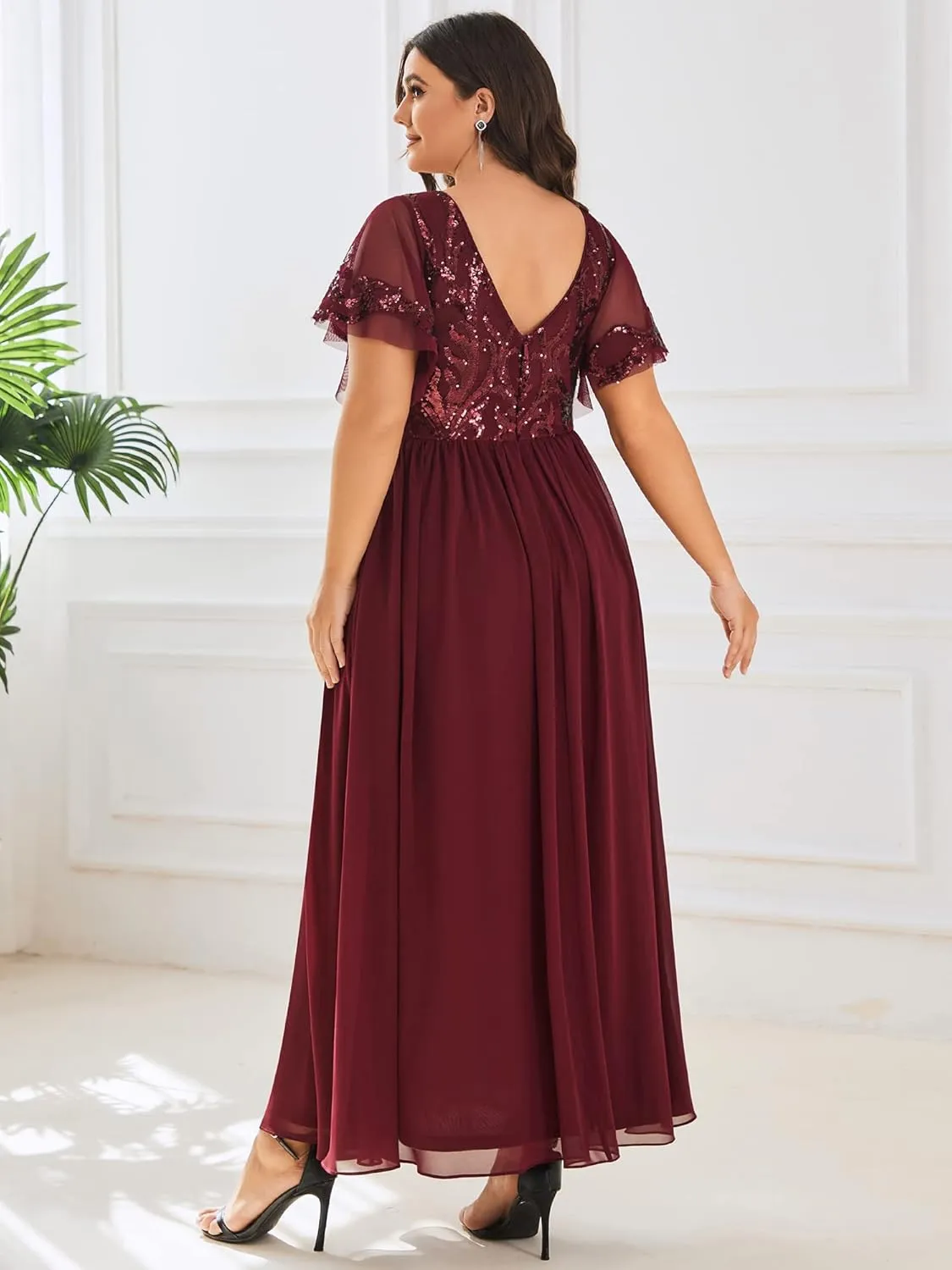 Ever-Pretty Plus Women's Sequin Chiffon Plus Size Short Sleeves Appliques Maxi Formal Mother of The Bride Dresses 01583-DA