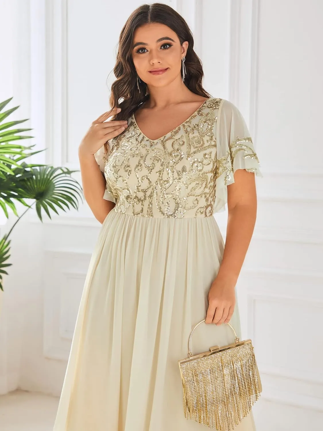 Ever-Pretty Plus Women's Sequin Chiffon Plus Size Short Sleeves Appliques Maxi Formal Mother of The Bride Dresses 01583-DA