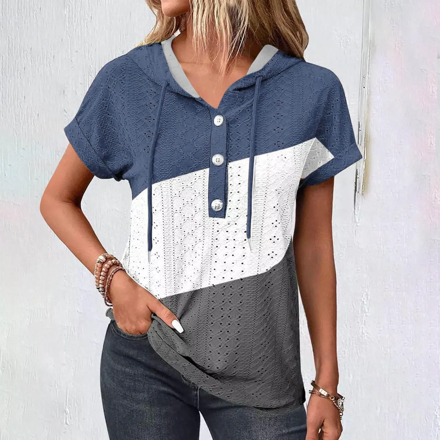 Eyelet Tops for Women 2025 Trendy Summer Hoodies Short Sleeve Button Up Casual Loose Fit Embroidery Shirts Blouses