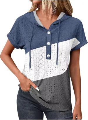 Eyelet Tops for Women 2025 Trendy Summer Hoodies Short Sleeve Button Up Casual Loose Fit Embroidery Shirts Blouses