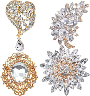 Ezing 4 Pcs Silver Gold Plated Crystal Rhinestones Brooch for Women Wedding Bouquet Decorations
