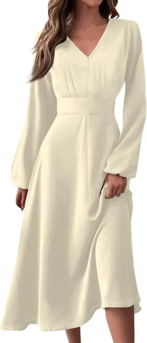 Fall Dresses for Wedding Guest Women Long Sleeve Wrap V Neck Ruffle Belted A-Line Flowy Midi Dresses