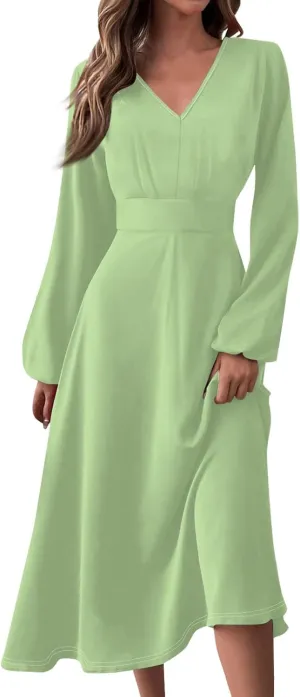 Fall Wedding Guest Dresses for Women Long Sleeve Wrap V Neck Ruffle Belted A-Line Flowy Midi Dresses