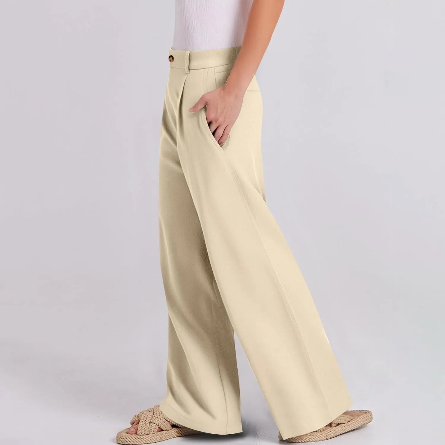 fanmpghleoo Dress Pants Women High Waisted Straight Leg Linen Trousers with Pockets Business Casual Work Linen Pants Summer