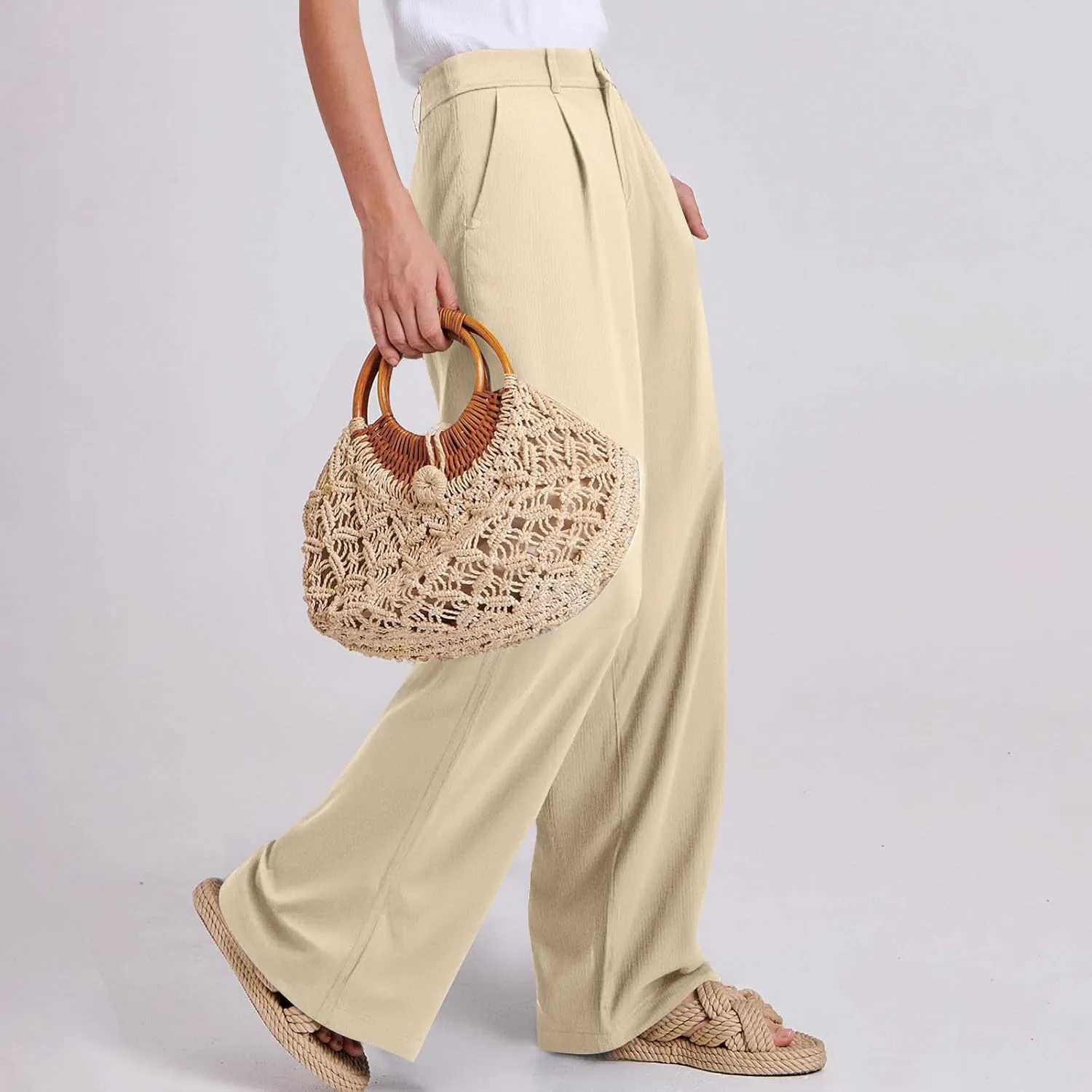 fanmpghleoo Dress Pants Women High Waisted Straight Leg Linen Trousers with Pockets Business Casual Work Linen Pants Summer