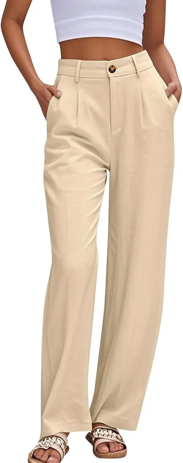 fanmpghleoo Dress Pants Women High Waisted Straight Leg Linen Trousers with Pockets Business Casual Work Linen Pants Summer