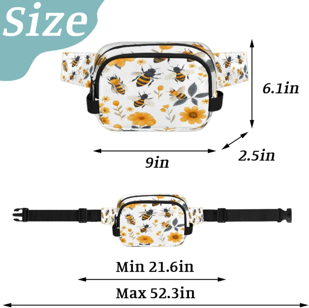 Fanny Pack for Men Women, Waterproof Sports Waist Bag Pack, Yellow Bee Belt Bag for Travel Hiking Running, Travel Chest Bag with Adjustable Strap, Bees Daisies