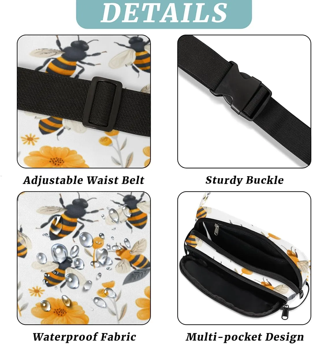 Fanny Pack for Men Women, Waterproof Sports Waist Bag Pack, Yellow Bee Belt Bag for Travel Hiking Running, Travel Chest Bag with Adjustable Strap, Bees Daisies