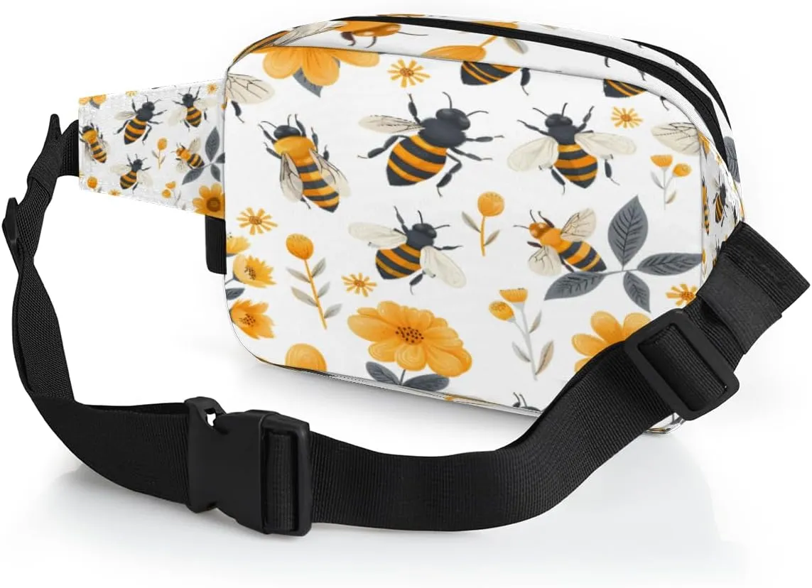Fanny Pack for Men Women, Waterproof Sports Waist Bag Pack, Yellow Bee Belt Bag for Travel Hiking Running, Travel Chest Bag with Adjustable Strap, Bees Daisies