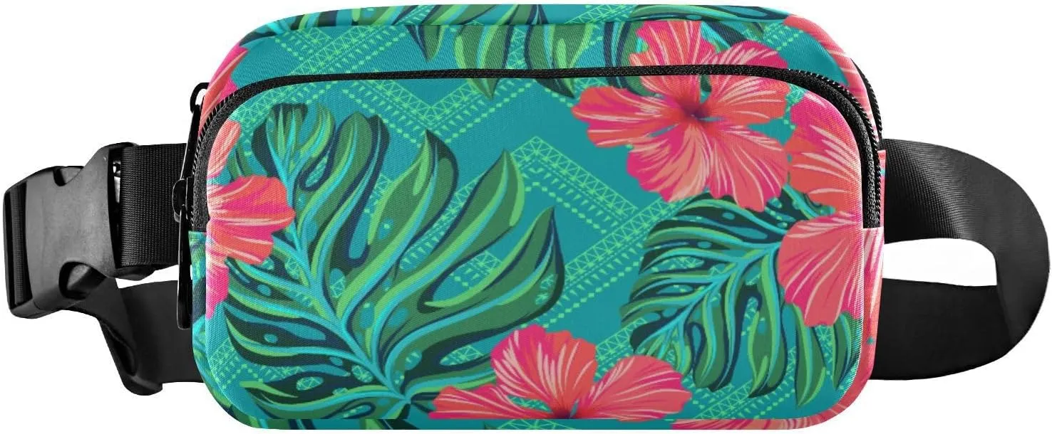 Fanny Pack for Women Men Hibiscus Flower Geometric Tribal Belt Waist Pack Bum Bag Wallets for Running Cycling Hiking Travel Workout with Adjustable Strap