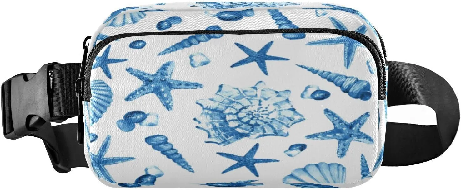 Fanny Packs for Women Men Blue Seashells Starfish Stones Belt Bag Waist Pouch Packs Crossbody Bag Running Hiking Fanny Pack Gifts for Girls Boys
