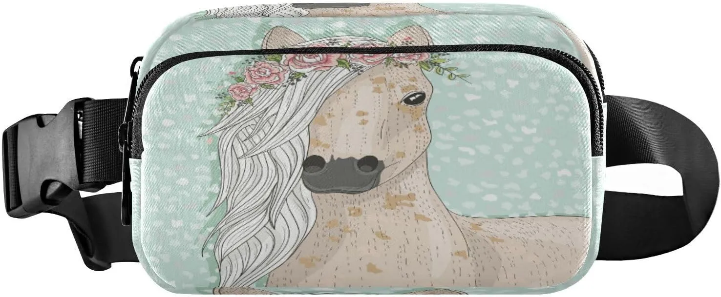 Fanny Packs for Women Men Cute Horse Flowers Fairytale Belt Bag Waist Pouch Packs Rose Crossbody Bag Running Hiking Fanny Pack Gifts for Girls Boys