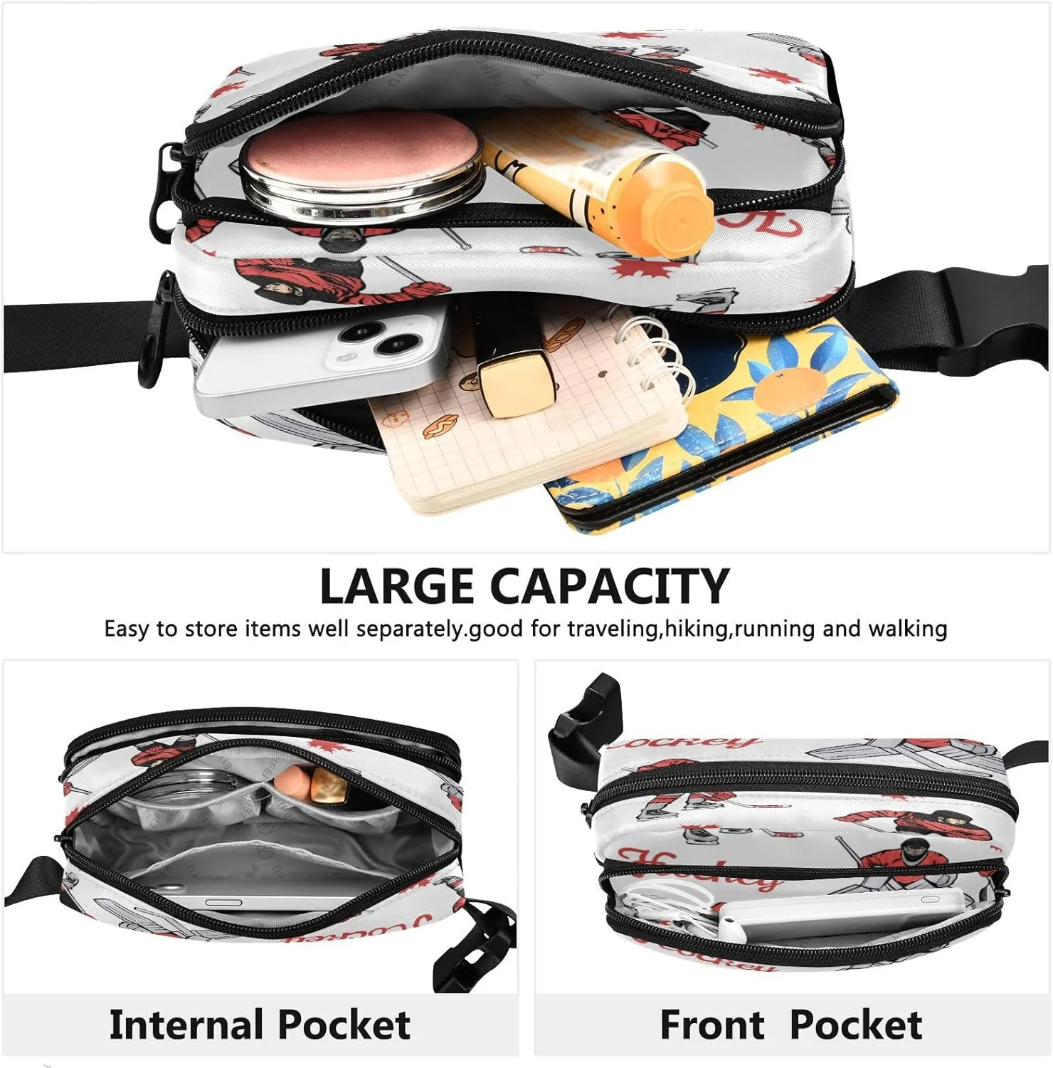 Fanny Packs for Women Men Hockey Players Maple Leaves Belt Bag Waist Pouch Packs Crossbody Bag Running Hiking Fanny Pack Gifts for Girls Boys
