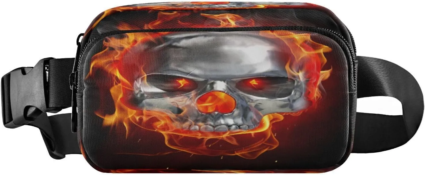 Fanny Packs for Women Men Metallic Skull Fire Belt Bag Waist Pouch Packs Head Halloween Crossbody Bag Running Hiking Fanny Pack Gifts for Girls Boys