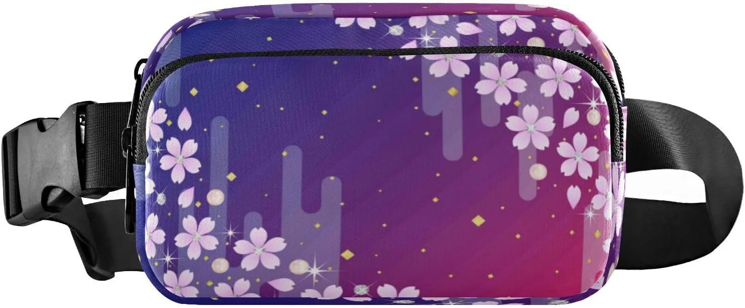 Fanny Packs for Women Men Purple Cherry Blossoms Diamond Belt Bag Waist Pouch Packs Crossbody Bag Running Hiking Fanny Pack Gifts for Girls Boys