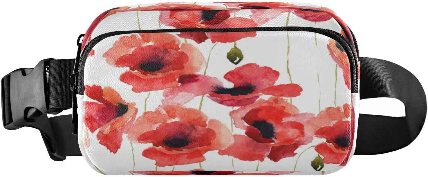 Fanny Packs for Women Men Red Poppy Flower Pattern Floral Belt Bag Waist Pouch Packs Cornflowers Poppies Blossom Crossbody Bag Running Hiking Fanny Pack Gifts for Girls Boys