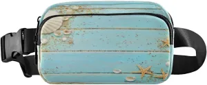 Fanny Packs for Women Men Seashells Beach Starfish Belt Bag Waist Pouch Packs Wooden Board Crossbody Bag Running Hiking Fanny Pack Gifts for Girls Boys