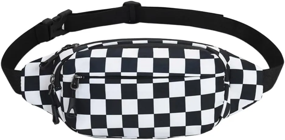 Fanny Packs for Women with Checkered Crossbody Belt Bag Waist Packs for Running Workout Casual Travel Hiking (Black)