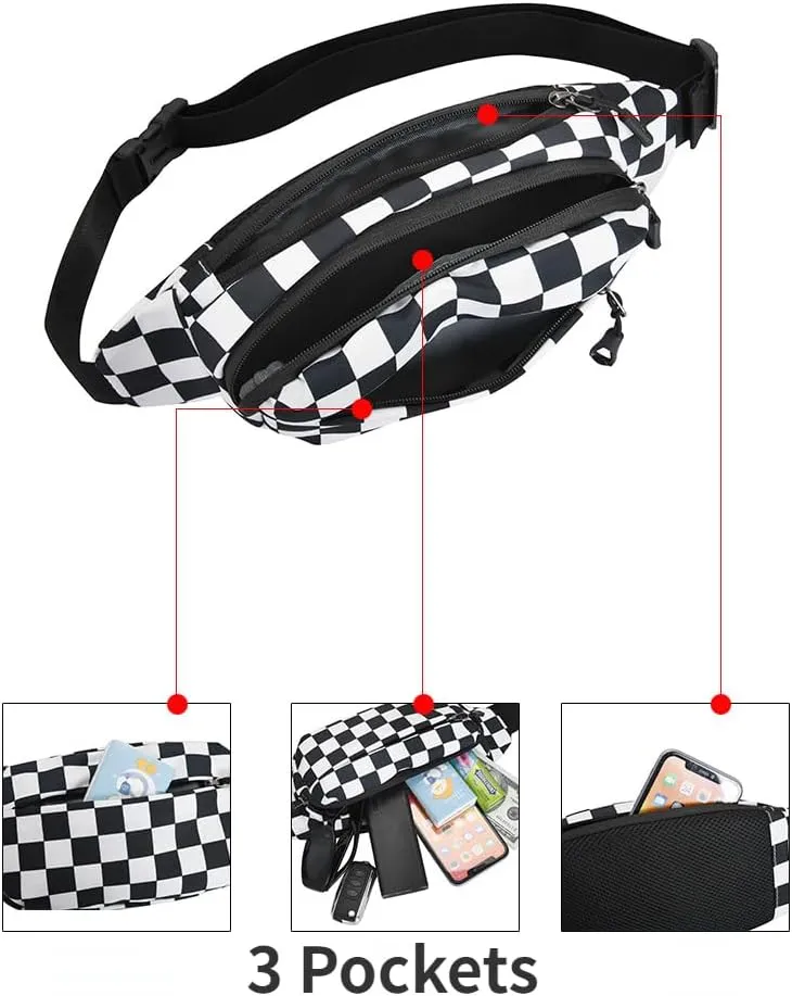 Fanny Packs for Women with Checkered Crossbody Belt Bag Waist Packs for Running Workout Casual Travel Hiking (Black)