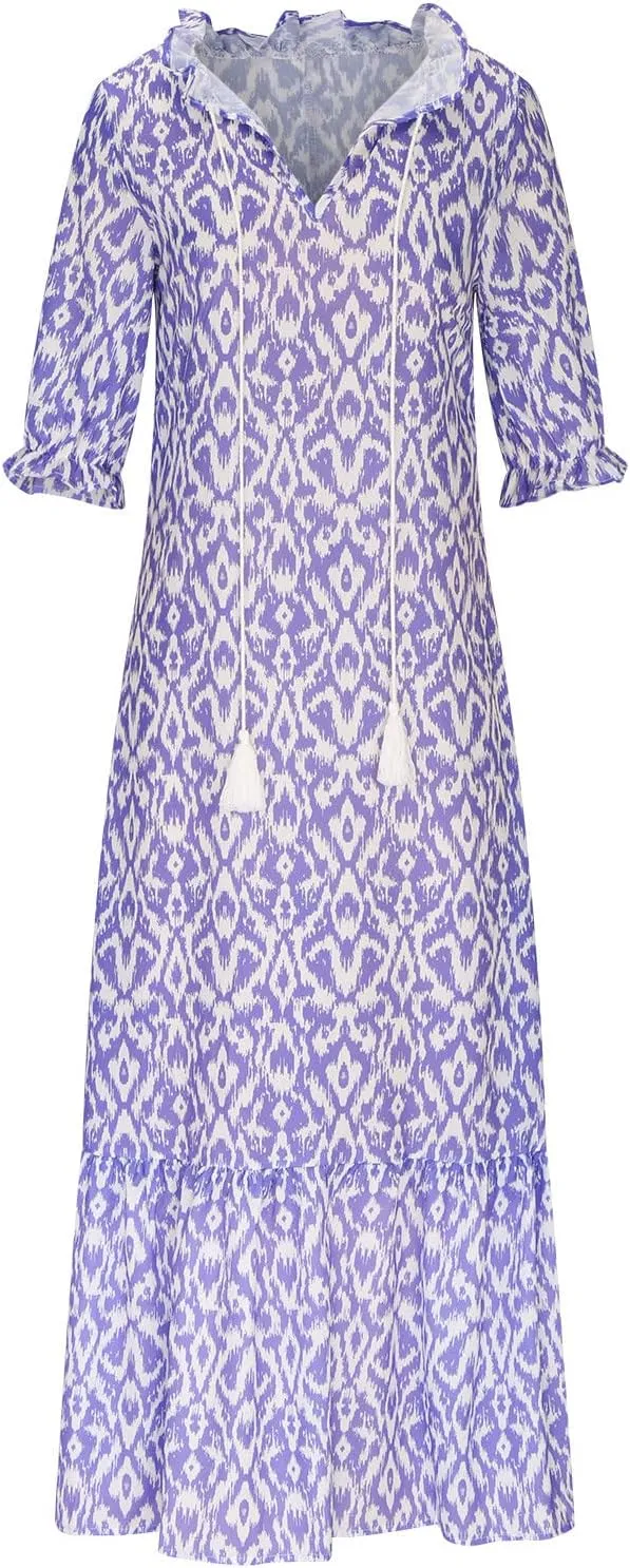 fartey Womens Summer Maxi Dresses V Neck 3/4 Sleeve Floral Print Boho Dresses Casual Loose Flowy Ruffle Wedding Guest Dress