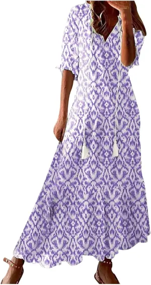 fartey Womens Summer Maxi Dresses V Neck 3/4 Sleeve Floral Print Boho Dresses Casual Loose Flowy Ruffle Wedding Guest Dress