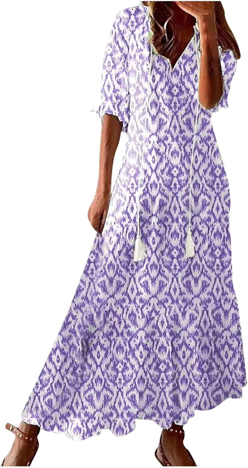 fartey Womens Summer Maxi Dresses V Neck 3/4 Sleeve Floral Print Boho Dresses Casual Loose Flowy Ruffle Wedding Guest Dress