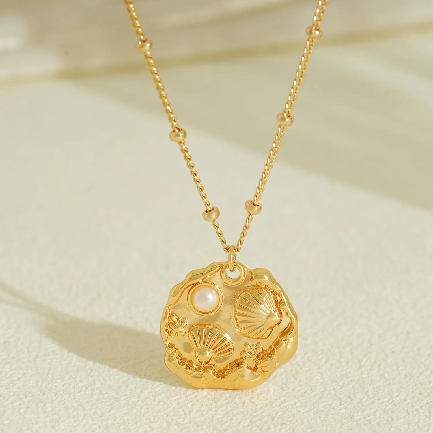 Fettero 14K Gold Plated Coin Pendant Necklace | Ocea Sea Summer Beach Boho Necklace | Adjustable Chain Gold Necklace | CZ Dainty Necklaces for Women
