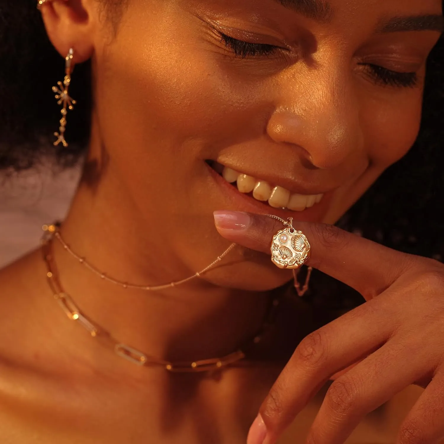 Fettero 14K Gold Plated Coin Pendant Necklace | Ocea Sea Summer Beach Boho Necklace | Adjustable Chain Gold Necklace | CZ Dainty Necklaces for Women