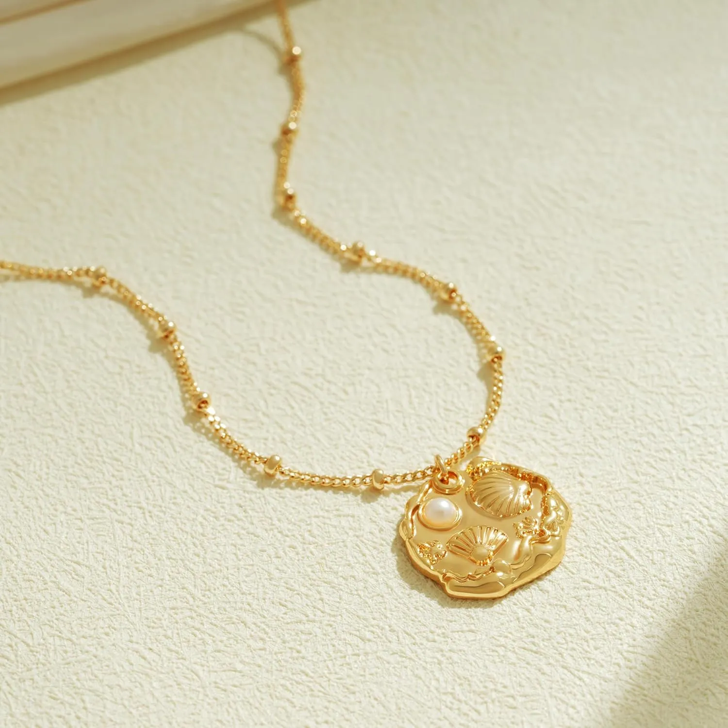 Fettero 14K Gold Plated Coin Pendant Necklace | Ocea Sea Summer Beach Boho Necklace | Adjustable Chain Gold Necklace | CZ Dainty Necklaces for Women