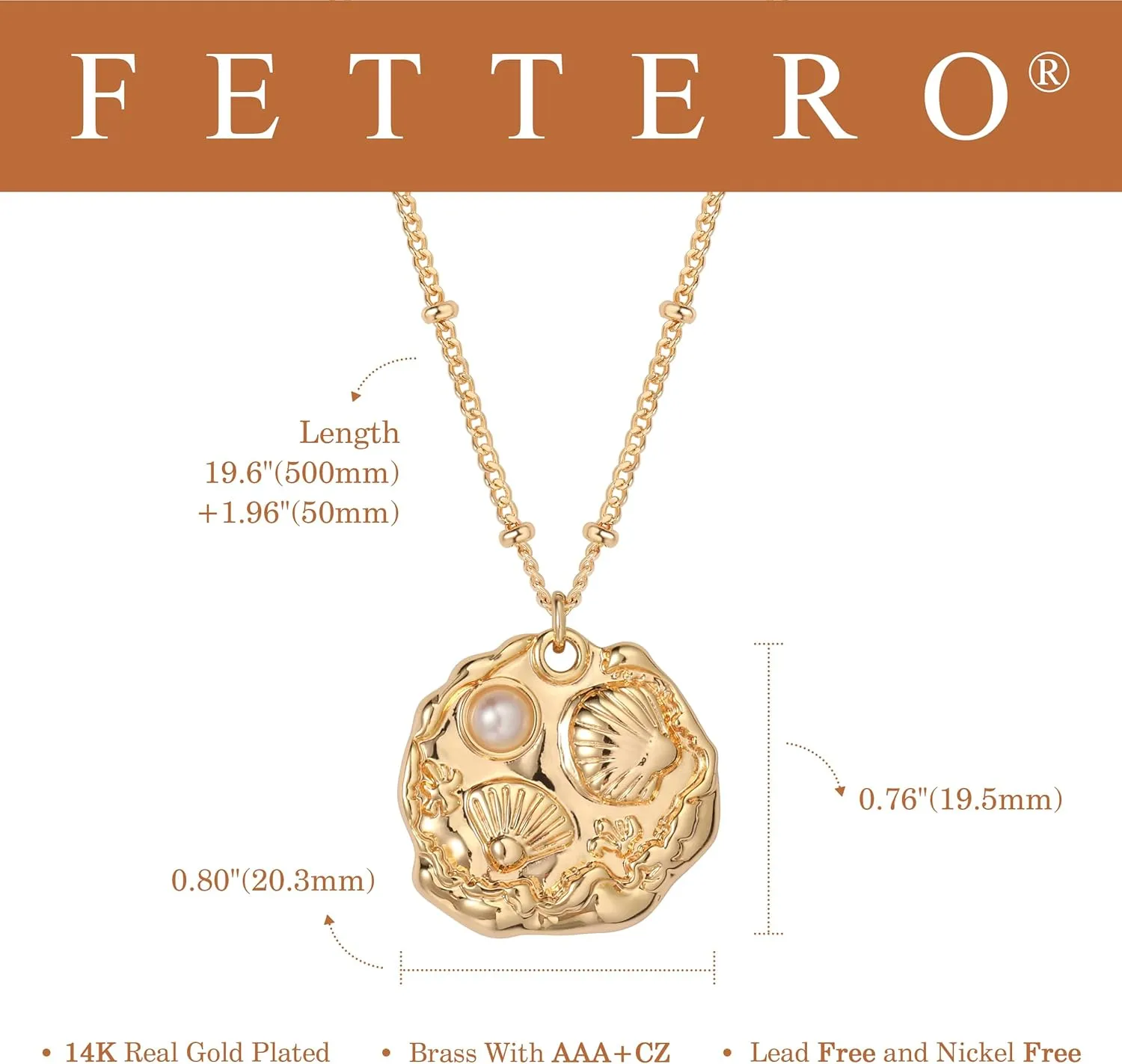 Fettero 14K Gold Plated Coin Pendant Necklace | Ocea Sea Summer Beach Boho Necklace | Adjustable Chain Gold Necklace | CZ Dainty Necklaces for Women