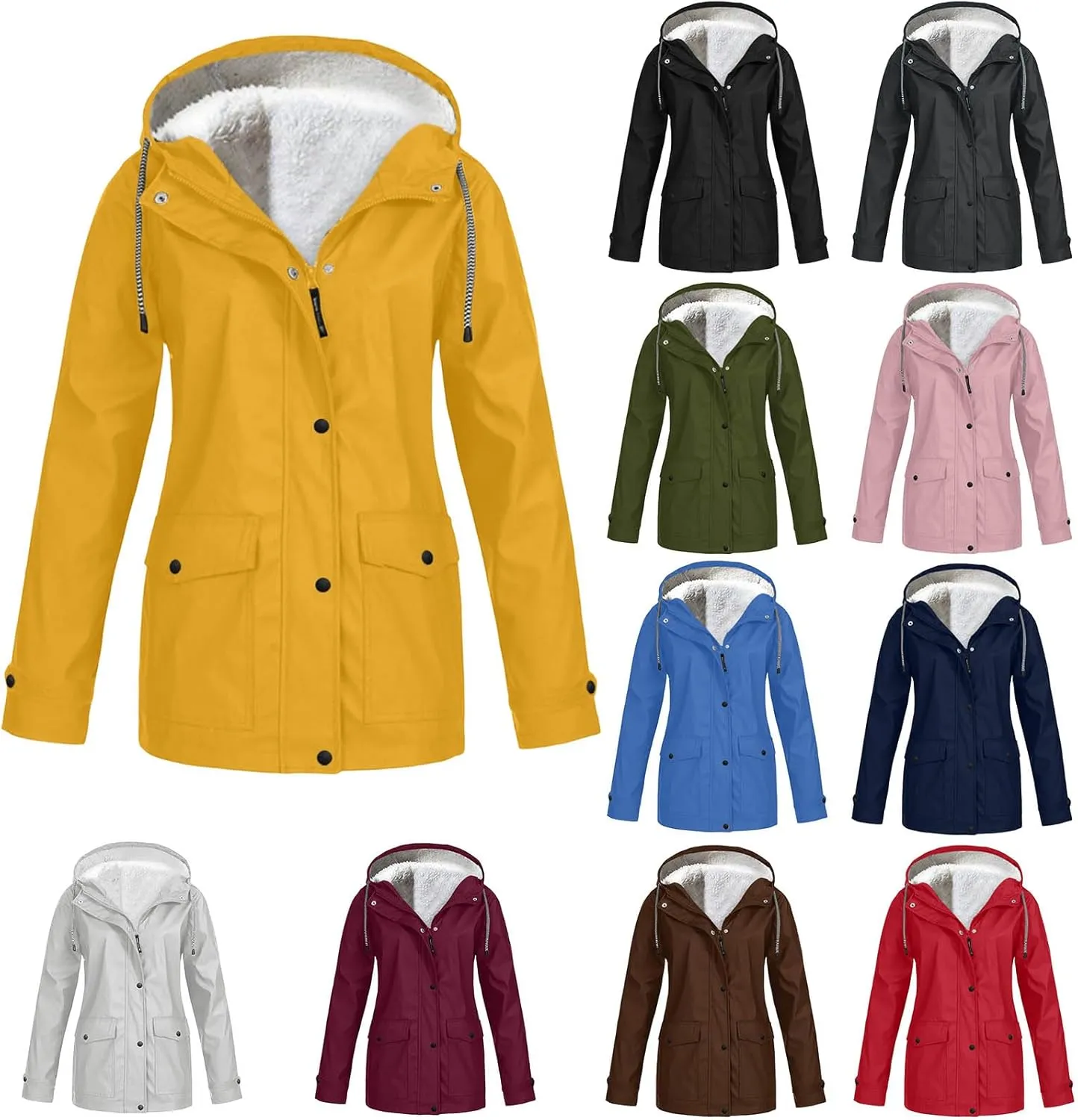 Fleece Lined Raincoat for Women Waterproof Lightweight Zip Up Hooded Jacket Winter Rain Jackets Outdoor Windbreaker