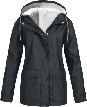 Fleece Lined Raincoat for Women Waterproof Lightweight Zip Up Hooded Jacket Winter Rain Jackets Outdoor Windbreaker