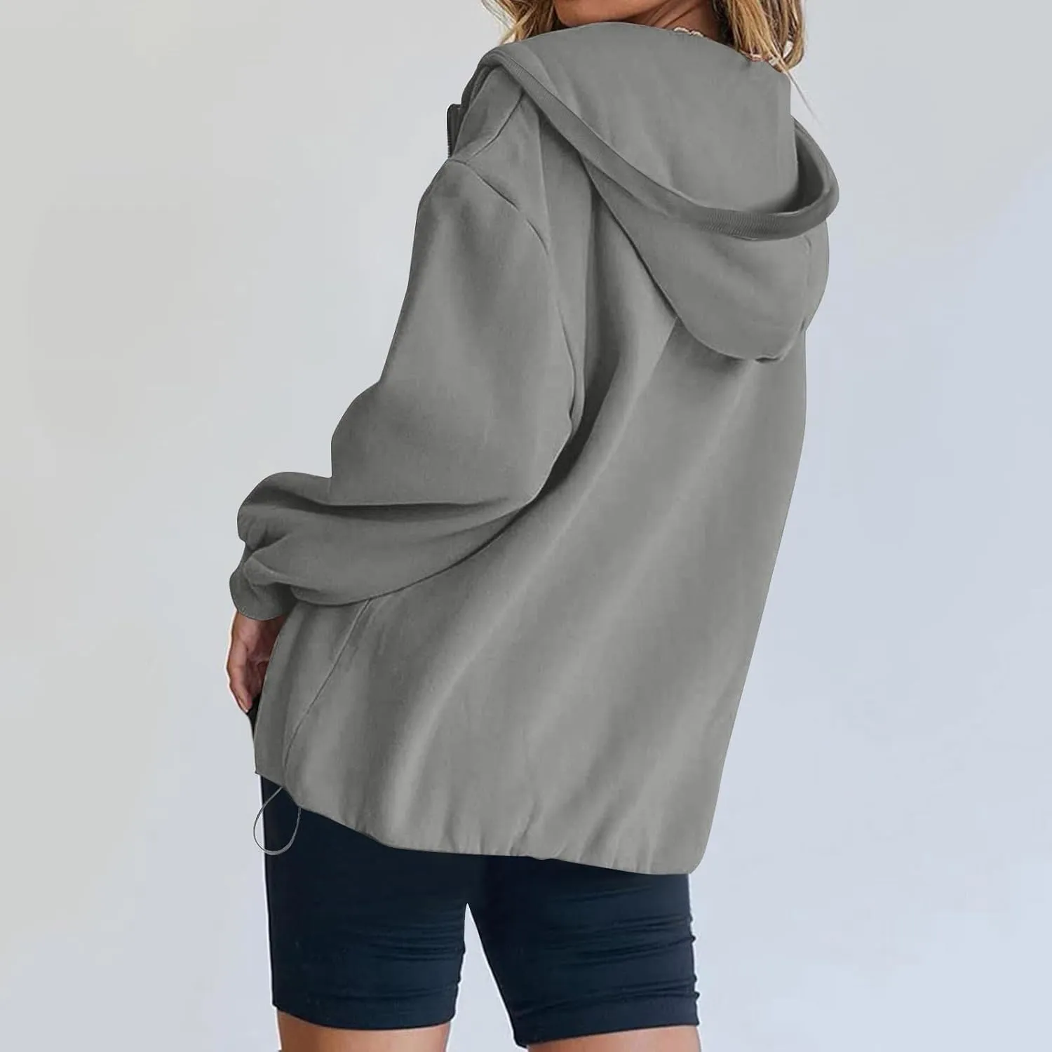 Fleece Oversized Hoodie Women Loose Fit Half Zip Pullover Sweatshirts Trendy Drawstring Hem Jacket with Pockets
