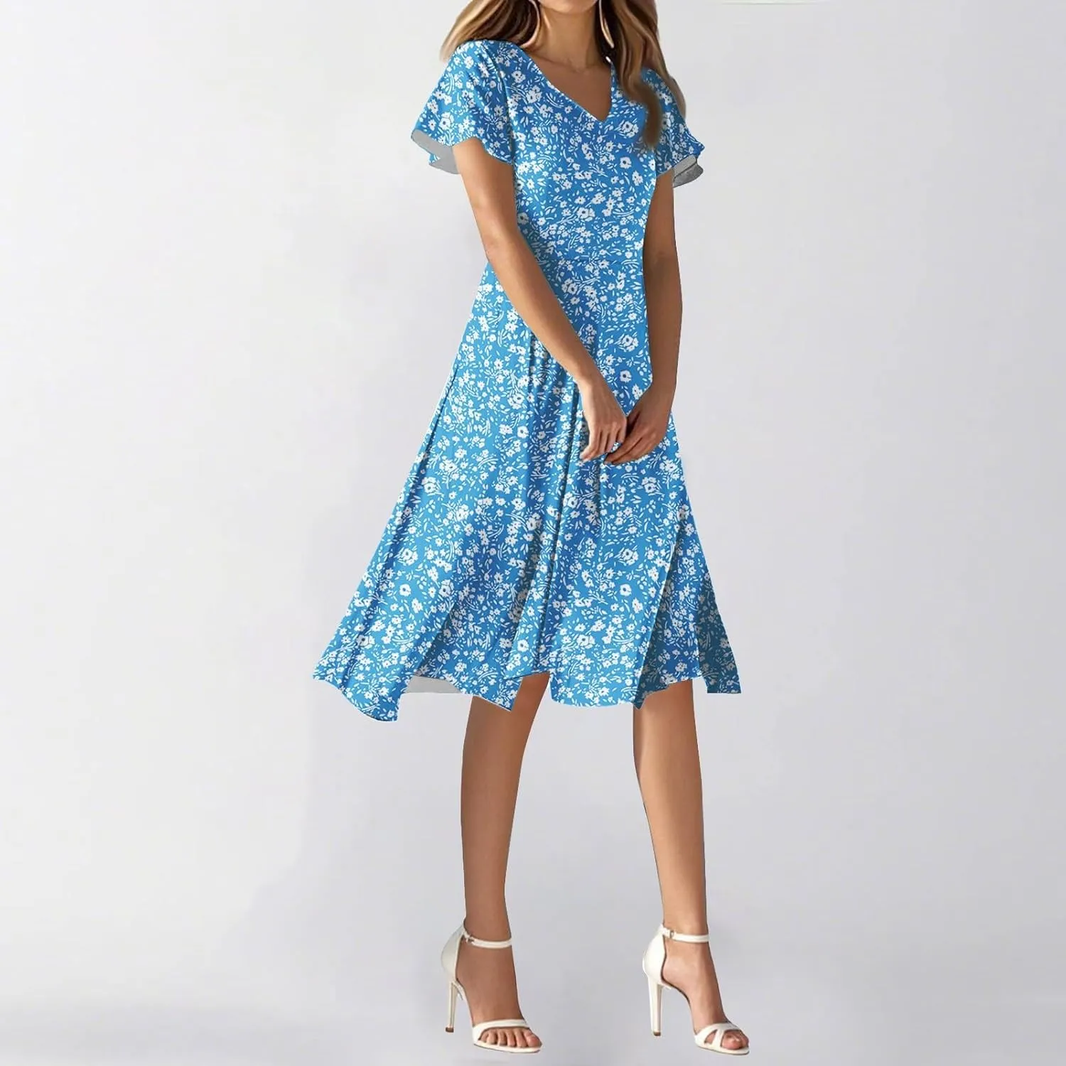 Floral Dress for Women Short Sleeve Knee Length Summer Short Sleeve Summer 2025 V Neck Modest Sundress Dress