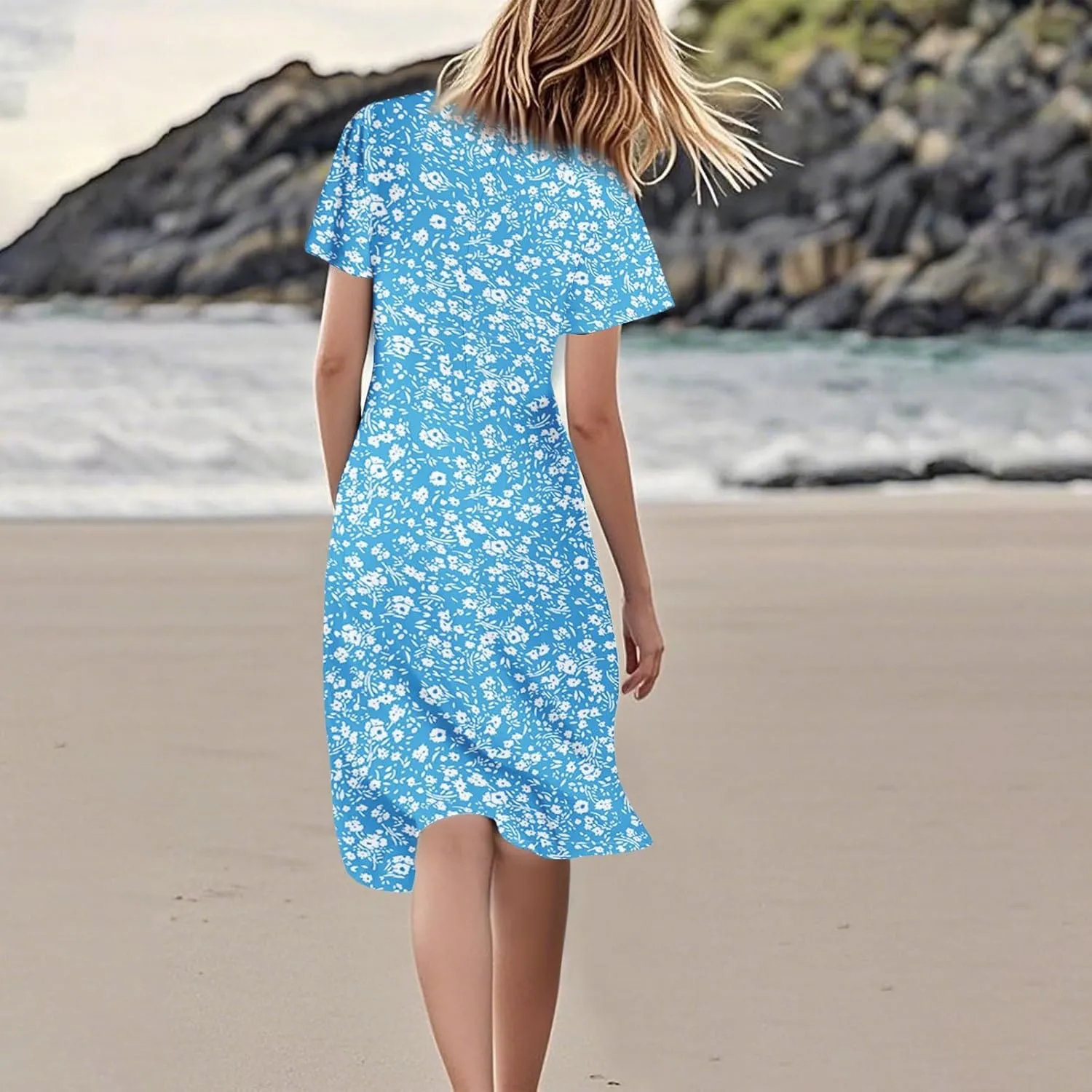 Floral Dress for Women Short Sleeve Knee Length Summer Short Sleeve Summer 2025 V Neck Modest Sundress Dress