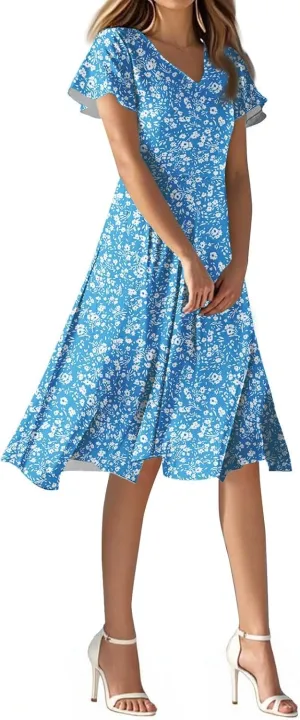 Floral Dress for Women Short Sleeve Knee Length Summer Short Sleeve Summer 2025 V Neck Modest Sundress Dress