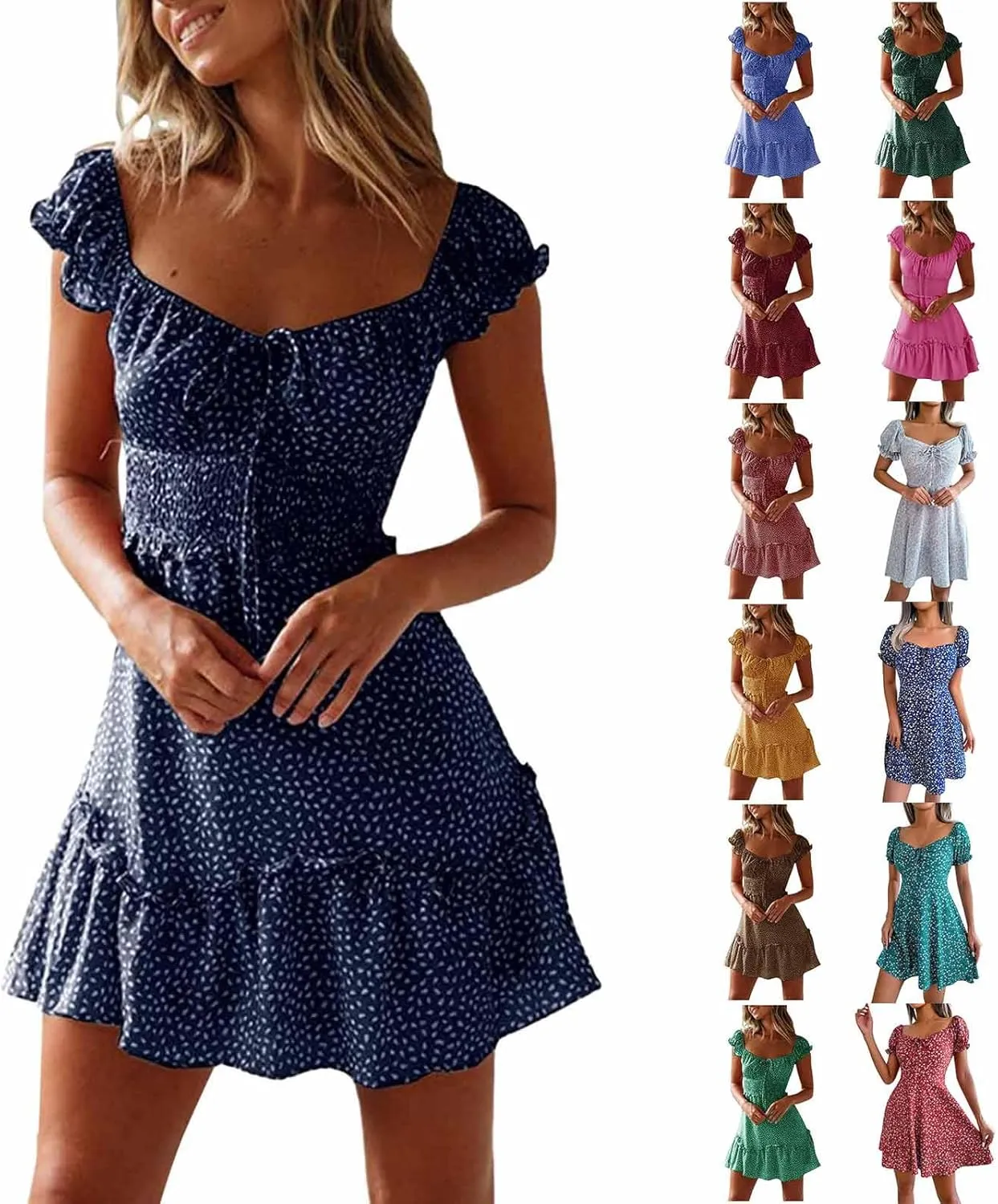 Floral Dress for Women Summer Ruffle Sleeve Sweetheart Neckline Mini Dresses Casual Cute Tie Front Boho Short Dress