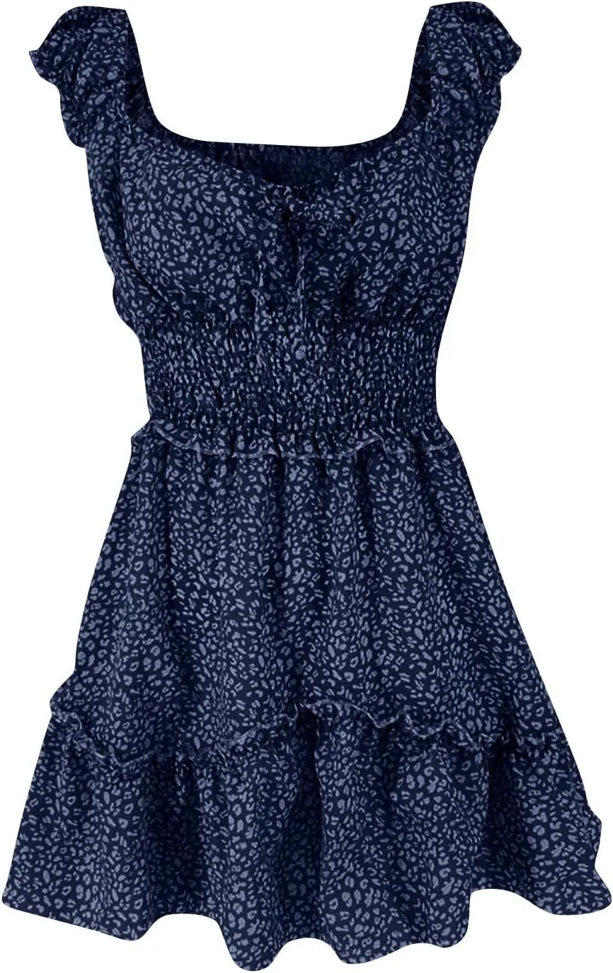 Floral Dress for Women Summer Ruffle Sleeve Sweetheart Neckline Mini Dresses Casual Cute Tie Front Boho Short Dress
