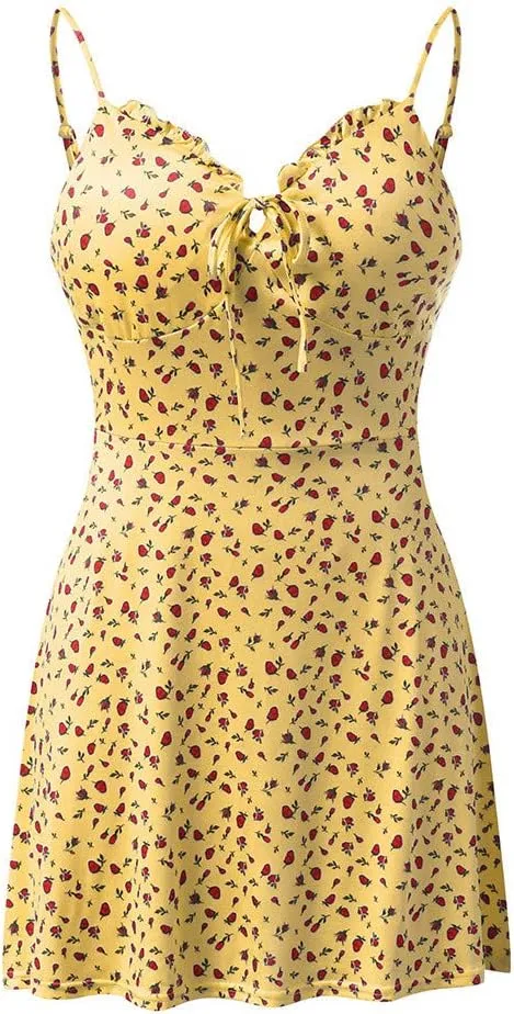 Floral Dresses for Women 2024 Sexy Spaghetti Strap Mini Dress Ruffle Tie Corset Sundress High Waist Summer Dresses