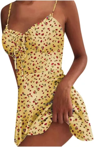 Floral Dresses for Women 2024 Sexy Spaghetti Strap Mini Dress Ruffle Tie Corset Sundress High Waist Summer Dresses