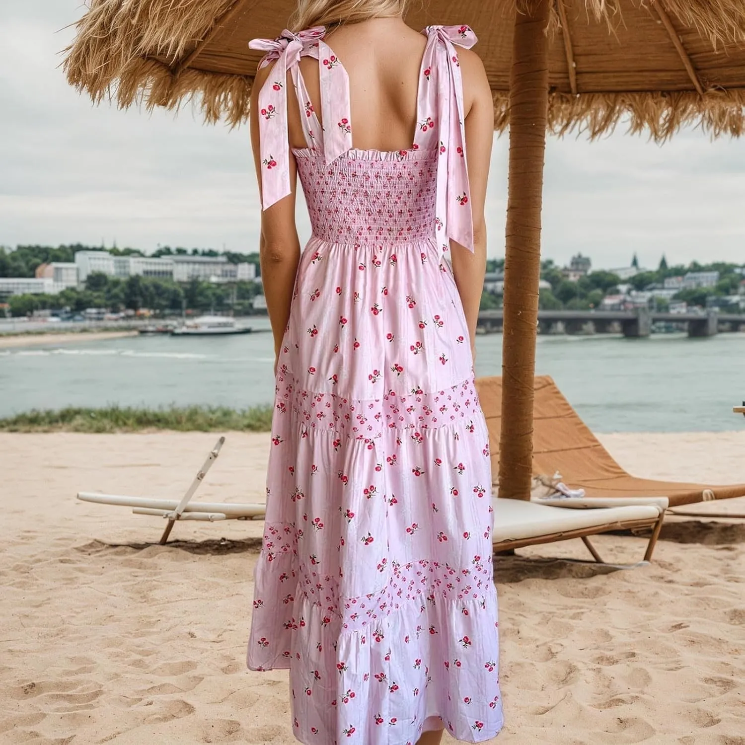 Floral Maxi Dress for Women Boho Dress Y2k Spaghetti Strap Long Flowy Dresses 2025 Casual Summer Beach Sundress