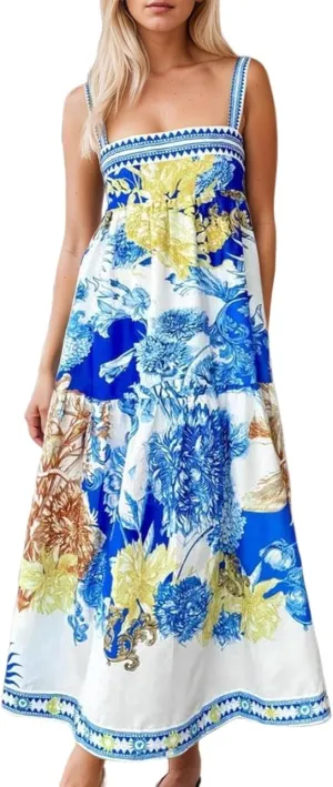 Floral Maxi Dress for Women Boho Dress Y2k Spaghetti Strap Long Flowy Dresses 2025 Casual Summer Beach Sundress