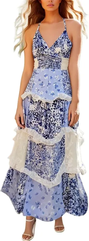 Floral Maxi Dress for Women Boho Dress Y2k Spaghetti Strap Long Flowy Dresses 2025 Casual Summer Beach Sundress
