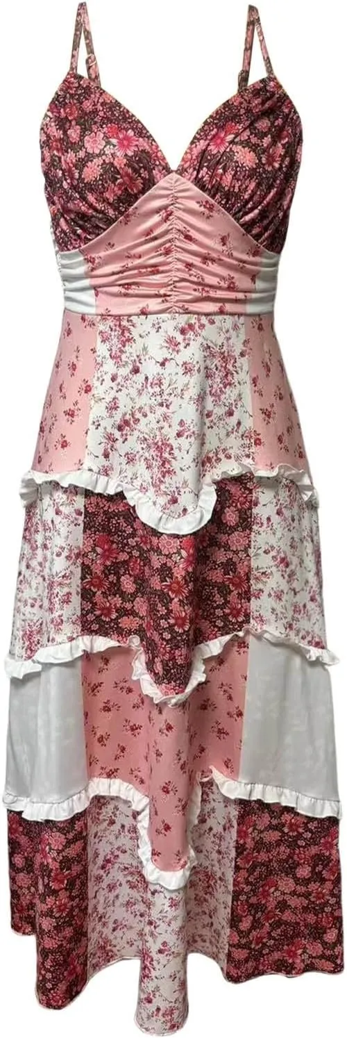 Floral Maxi Dress for Women Boho Dress Y2k Spaghetti Strap Long Flowy Dresses 2025 Casual Summer Beach Sundress