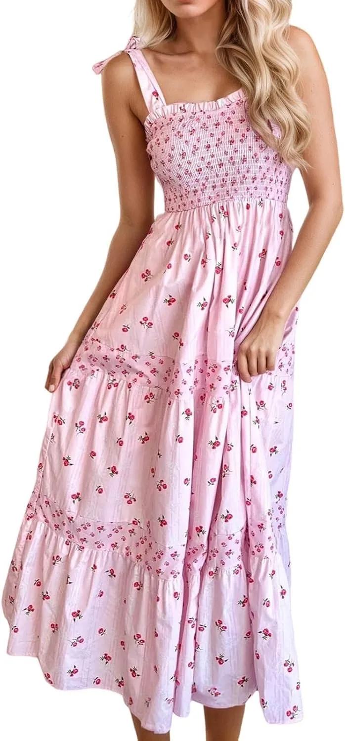 Floral Maxi Dress for Women Boho Dress Y2k Spaghetti Strap Long Flowy Dresses 2025 Casual Summer Beach Sundress